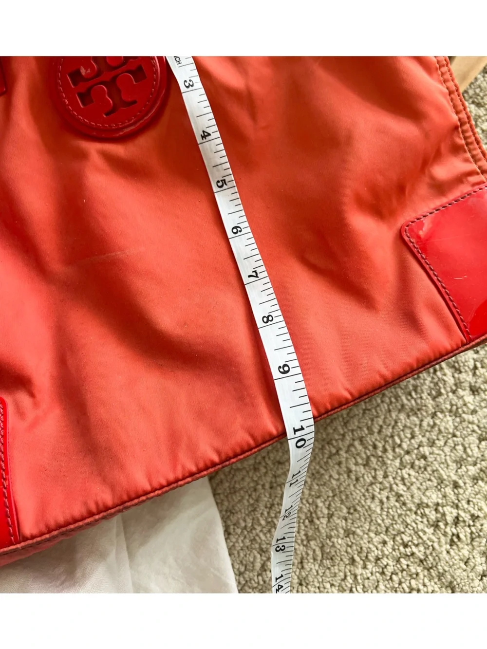 Tory Burch orange Ella tote bag shoulder purse nylon patent leather fall play